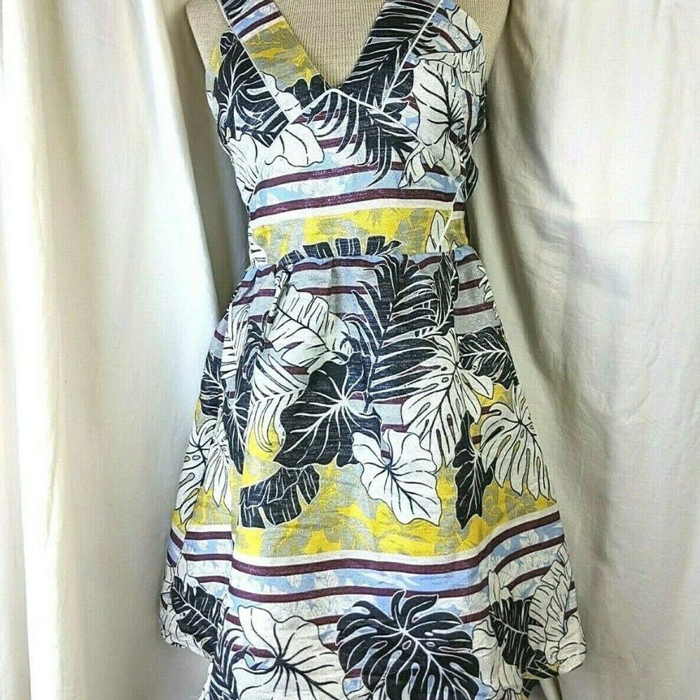 Shimmery Stripes & Plants Open Back Cocktail Dress